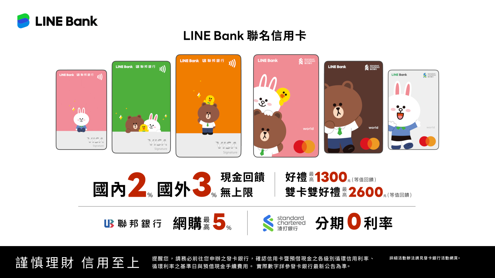 「真」刷卡回饋無上限！LINE Bank 推出聯名卡，最高回饋 3%！還有免費貼圖 新聞照片一：「LINE-Bank聯名信用卡」由LINE-Bank-攜手聯邦銀行、渣打銀行合作發行，是獨步業界、國內全新「無腦刷神卡」，通通享有國內消費刷卡2、海外消費不限國家刷卡3。
