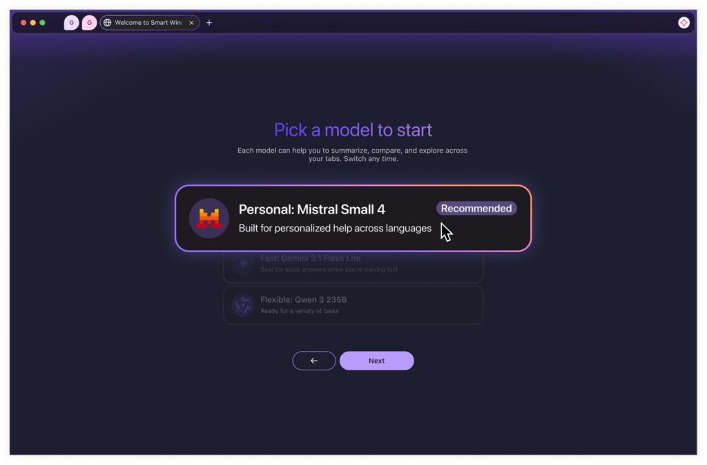 Firefox Smart Window 導入 Mistral Small 4：可切換三款模型，零保留但非全程本機 Mistral-partnership-in-Firefox-UI-English1-1-1024x673-1