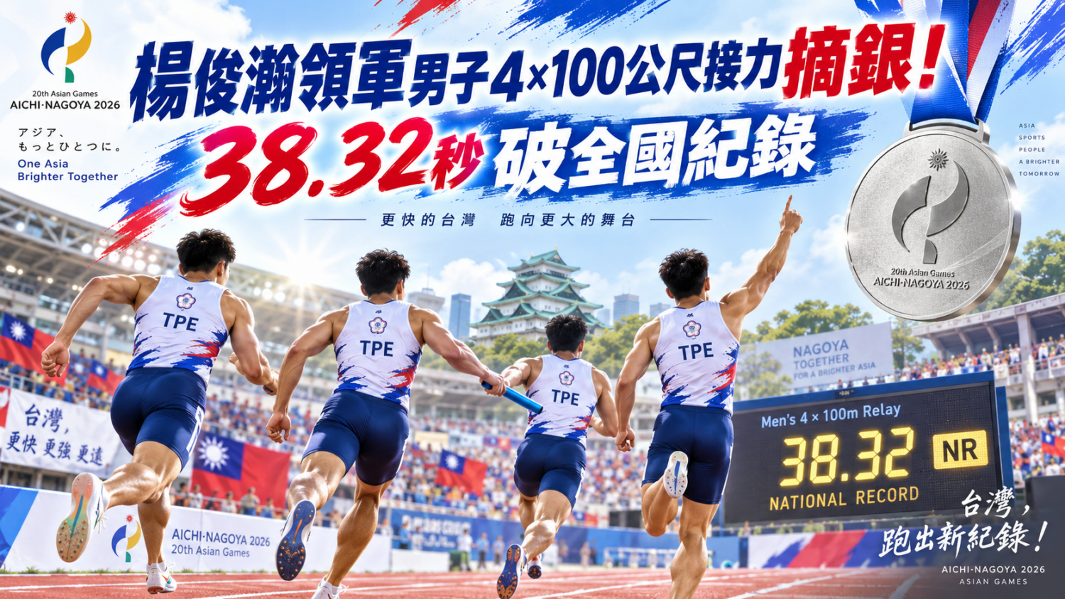楊俊瀚領軍男子4×100公尺接力摘銀！38.32秒破全國紀錄